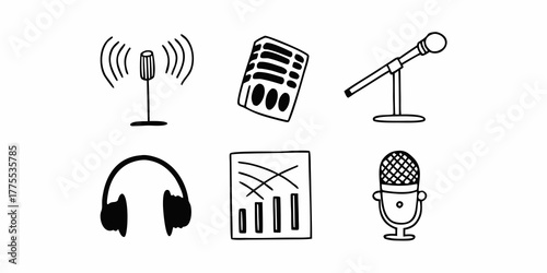 Illustration of podcasting equipment including microphones headphones and data visualization graphics on transparent background