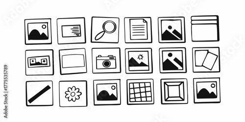 Collection of hand drawn square icons representing various media and application functions in black and white on transparent background