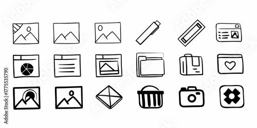 Hand drawn style icons representing common user interface elements and application features design on transparent background