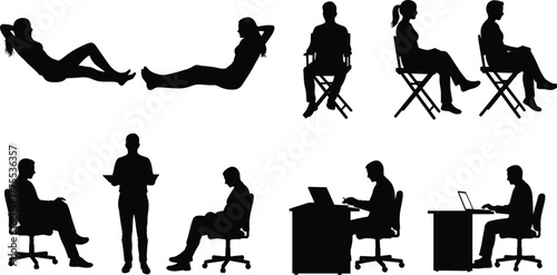 People Human Silhouette Sitting Reclining Chair Desk Laptop Computer Document Relax Work Office Gesture Posture Lifestyle Casual Pose Vector Outline Drawing Illustration Art