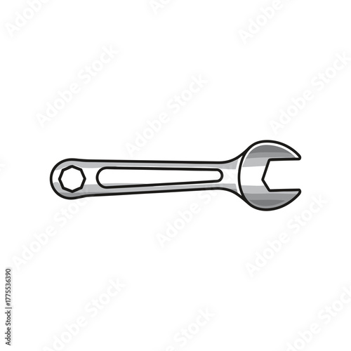 A simple illustration of a silver combination wrench with an open end and a hexagonal box end, isolated on a white background.