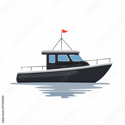 A simple vector illustration of a modern black motorboat floating on water. Side profile of a small cabin cruiser ship, isolated graphic element