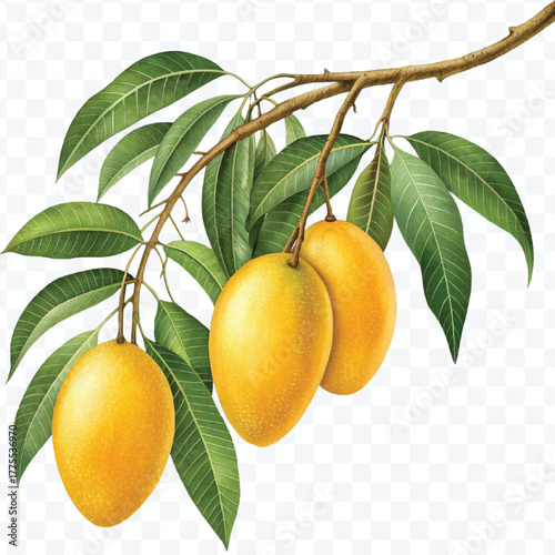 realistic fresh ripe mangoes hanging on branch with green leaves in different style isolated on transparent background	
