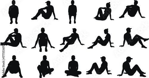 People Human Silhouette Sitting Relax Crosslegged Reclining Gesture Posture Lifestyle Casual Rest Pose Floor Chair Vector Outline Drawing Illustration Art Design