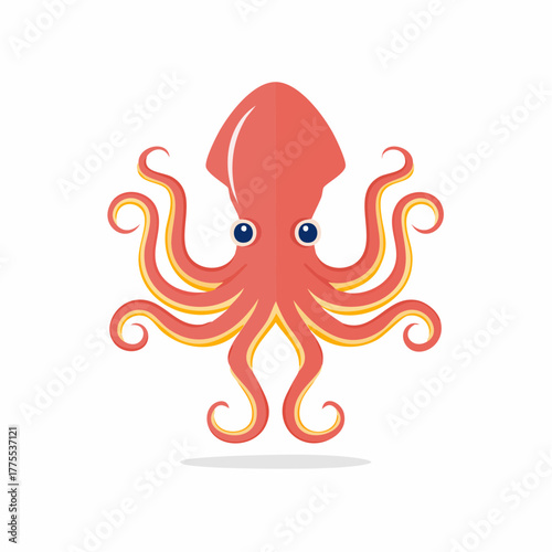 A vibrant coral-colored squid illustration, featuring yellow-tipped tentacles, blue eyes, and a white shadow, presented in a clean, flat, modern icon style