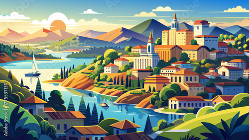 Very beautiful aerial view of Lake Anosy and the skyline of Antananarivo, Madagascar, under bright sunlight showcasing the city’s architecture, hills, and shimmering blue waters.