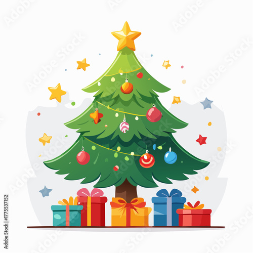 A cheerful cartoon illustration of a decorated Christmas tree with a shining star on top and a pile of colorful wrapped presents underneath, isolated on a white background