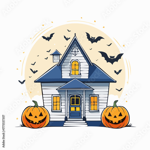 Spooky Halloween Haunted House with Jack-o'-lanterns and Bats Under a Full Moon