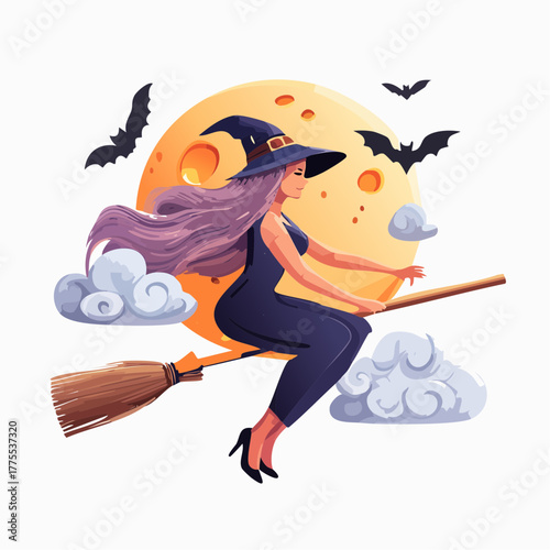 Whimsical vector illustration of a stylish witch flying on a broomstick against a luminous full moon. With bats and clouds, perfect for enchanting Halloween and magical fantasy designs