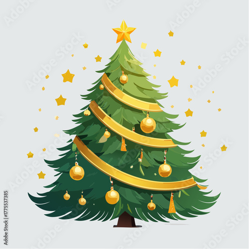 Bright vector Christmas tree illustration, beautifully adorned with sparkling golden ornaments, festive ribbons, and a prominent star, symbolizing holiday cheer and seasonal celebration