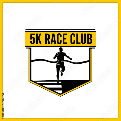 Dynamic design for a 5K race club with a runner crossing the finish line emblem