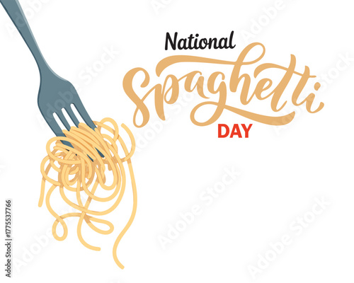 Spaghetti day. Hand lettering design for Spaghetti day. Vector illustration Hand drawn text for National holiday. Script. Calligraphic design for print card, banner, poster.