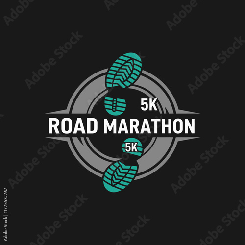 Road Marathon 5K Race, Footprints, Circular Design, Athletic Event Logo Concept