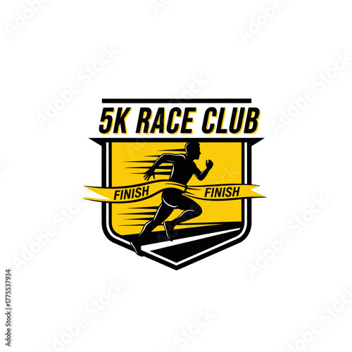 Dynamic 5K Race Club Logo Silhouette Runner on Yellow Shield