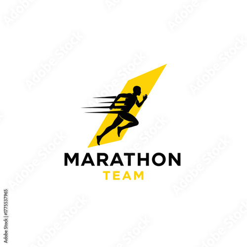 Minimalist running marathon team logo design with dynamic yellow accent