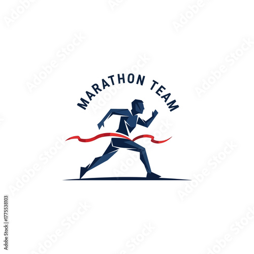 Dynamic marathon team logo with runner crossing red finish line