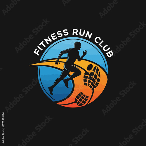 Dynamic runner silhouette with stride footprint logo design on dark background