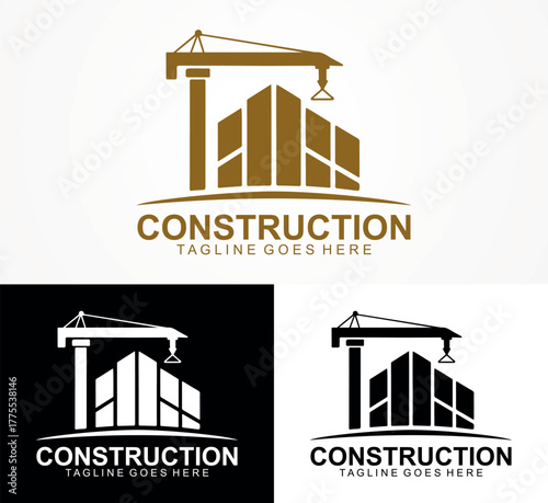 Modern Construction Company Logo Design with Building and Crane Icon