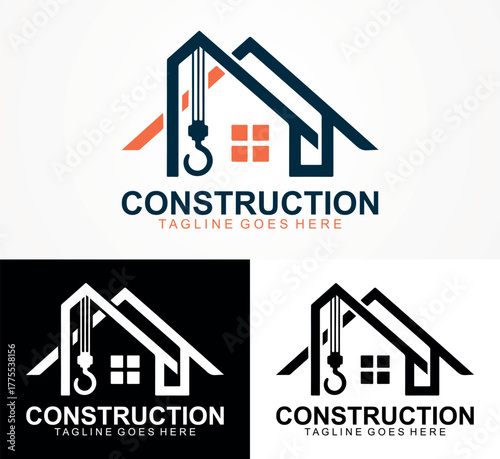 Modern Construction Company Logo Design with House Roof and Crane Hook Icon