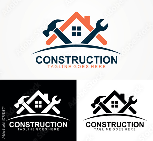 Modern Construction Logo Design – House Roof, Hammer, Wrench Icon for Builder Company Branding