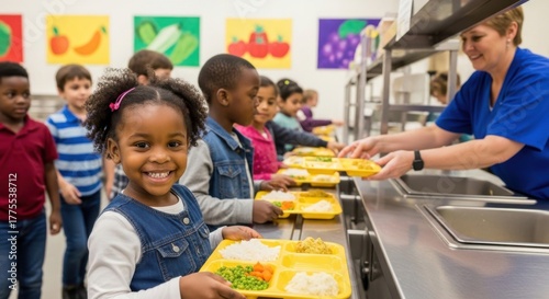 Smiling young girl happy to receive healthy school lunch from cafeteria worker