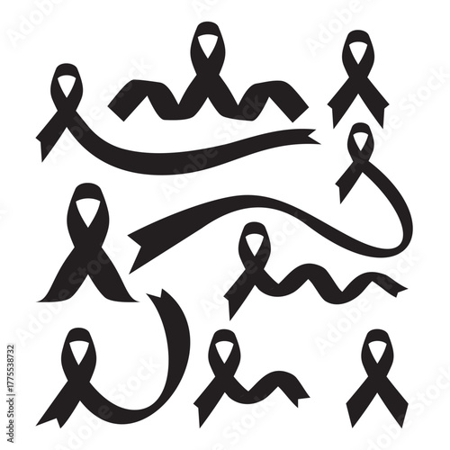 Black Awareness Ribbon Vector Set - Melanoma & Skin Cancer Icon Collection