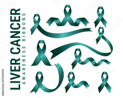 Liver Cancer Awareness Ribbon Vector Set - Emerald Green Symbol Collection