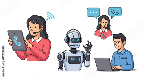 ai customer support team working woman using tablet robot assistance and man on laptop for modern customer service solutions