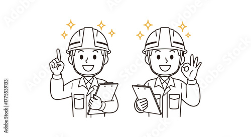 construction worker ok giving advice wearing a hard hat and holding a clipboard presenting safety guidelines and project plan on white