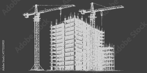 Architectural vector sketch of a high steel skyscraper construction site in the urban city sky
