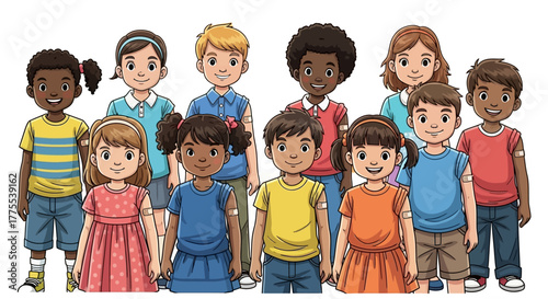 children getting vaccinated diverse kids with bandages after vaccination ready for school promoting child healthcare and immunization programs.