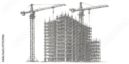 Urban high-rise building development on a city site with steel structure and blue sky