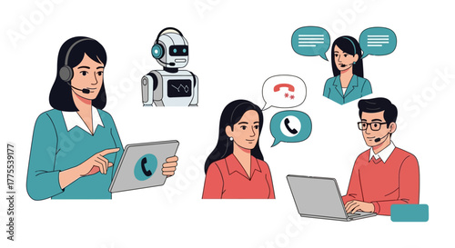 Customer service team providing support with ai chatbot offering seamless communication and assistance ideal for illustrating advanced tech support.