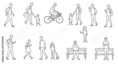 diverse people walking biking sitting everyday life line art illustration for urban planning and lifestyle designs showing community transit and outdoor spaces