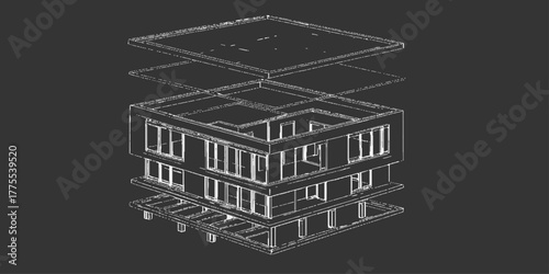 3d illustration of a residential house plan and blueprint drawing model on a construction project design concept