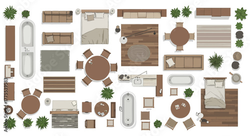 floor plan layout furniture arrangement from top view showcasing a modern home interior design perfect for architecture interior planning and real estate marketing.