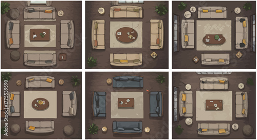 floor plan layout room with sofas table and decor arranged for interior design home staging mockup for real estate listings interiors