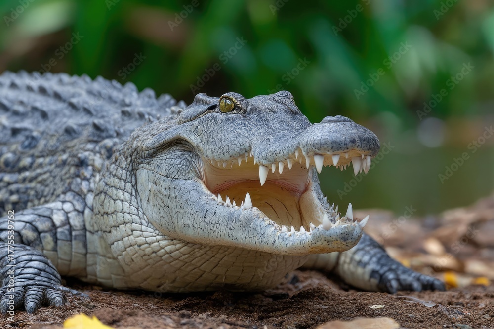 Obraz premium close-up of an african crocodile basking on the riverbank, its mouth open and teeth visible as it courts sunlight with its tongue