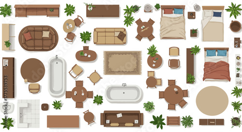 floor plan top view interior design layout featuring furniture plants and bathroom fixtures on a white background ideal for architectural visualization