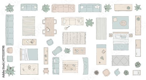 furniture arrangement floor plan illustrating interior design layouts showcasing living room and bedroom sets for home decor inspiration and space planning.