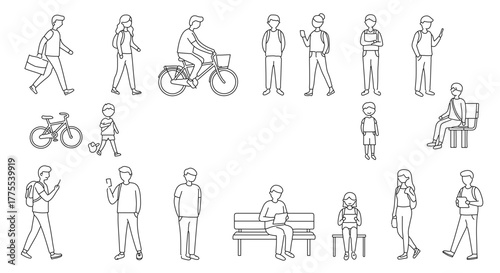 human outline line art diverse people in various poses walking sitting and cycling illustrating community and everyday life scenes line art