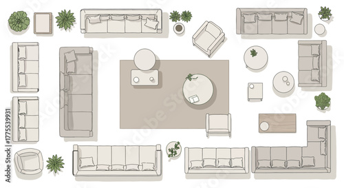 interior design floor plan furniture layout showcasing various seating arrangements room design elements for architectural blueprints and home staging ideas.