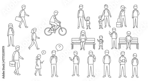 line art human figures diverse people in various poses walking cycling and sitting portraying everyday urban life scenes for creative layouts