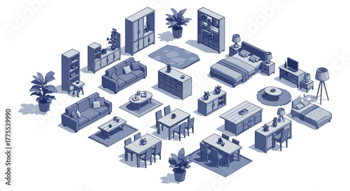 isometric furniture set creating interior designs with sofas beds tables and plants for interior decoration and architectural visualization projects