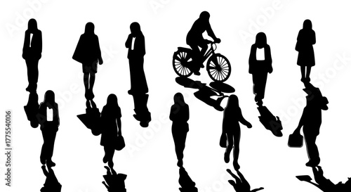 people silhouettes walking pedestrians commuting in city urban lifestyle illustration for blog website showing city life design element shadows