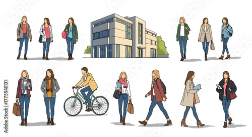 people walking near a modern building enjoying urban life perfect for illustrating community architecture and cityscapes in editorial and design