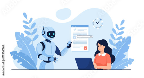 robot assistant helping woman with checklist on laptop improving productivity and enhancing task management in a collaborative workspace