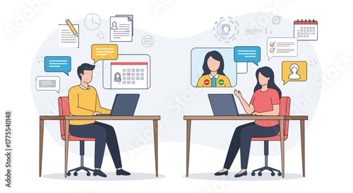 remote work collaboration colleagues video conferencing on laptops discussing project strategies from home essential for virtual meeting content