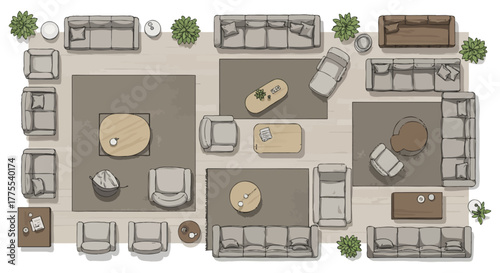 top down floor plan interior design showcasing sofas chairs tables and carpets in various arrangements ideal for real estate and home decor visualizations.