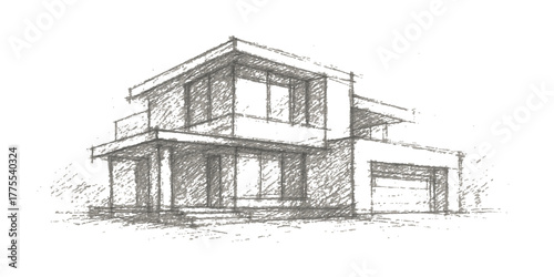Old house sketch: Vintage black and white architectural drawing of a rustic farm building exterior in the snow